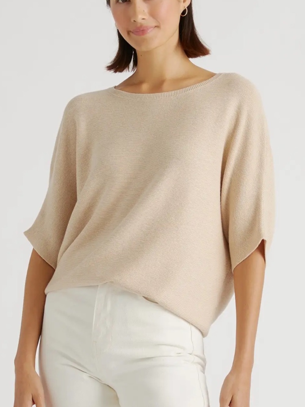 Quince Lightweight Cotton Cashmere Link-Stitch Dolman Sweater in Heather Oatmeal